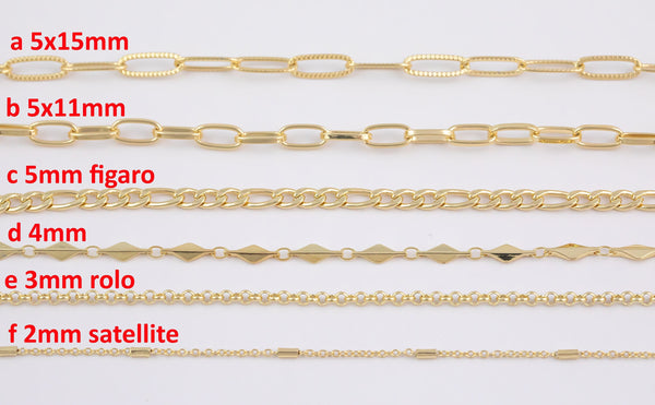 14k Gold Plated Paperclip Chains - Tarnish Resistant Popular Paperclip Figaro Satellite chain - Sold by the yard