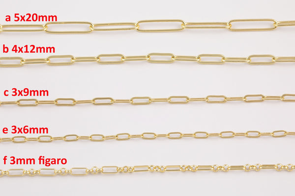 14k Gold Plated Paperclip Chains - Tarnish Resistant Popular Paperclip sizes and figaro chain - Sold by the yard