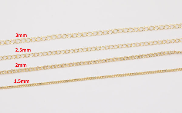 14k Gold Plated Soldered Curb Chain Selection 1.5mm 2mm 2.5mm 3mm Soldered - Tarnish Resistant - Sold by the yard