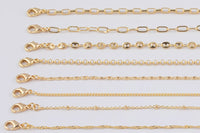 16" Gold Plated Anti-Tarnish Gold Necklace Singapore Ball Rolo Satellite Rectangle Oval Paperclip Chain with Extender Perfect for Layering