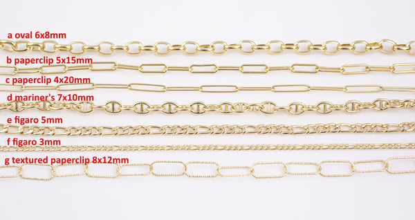 14k Gold Plated Paperclip Chains - Tarnish Resistant Popular Paperclip sizes and figaro chain mariner's chain - Sold by the yard