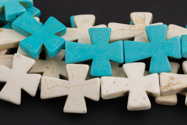 30x35mm White or Blue Turquoise Small Cross- Full 15 Inch Strand Gemstone Beads