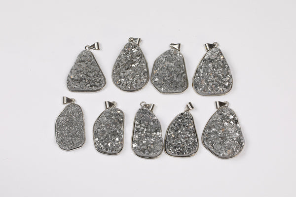 Platinum Quartz Druzy Pendant Silver Toned Bezel about 2 inches by 1 inch - sizes will vary