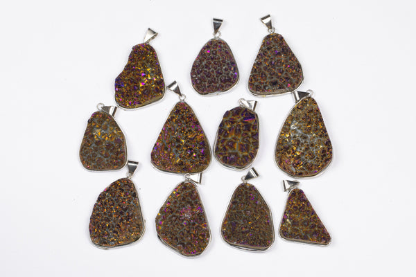 Violet Quartz Druzy Pendant Silver Toned Bezel Purple Druzy Charms about 2 inches by 1 inch - sizes will vary