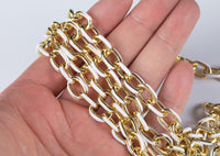 18K Gold Plated and White Enamel Plated Copper Chunky Thick Colorful Oval Link Chain By The Foot Summer Jewelry Making/Designs- 10x13mm