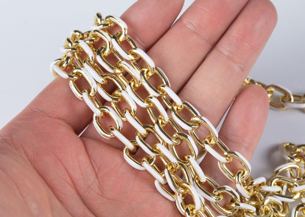 18K Gold Plated and White Enamel Plated Copper Chunky Thick Colorful Oval Link Chain By The Foot Summer Jewelry Making/Designs- 10x13mm