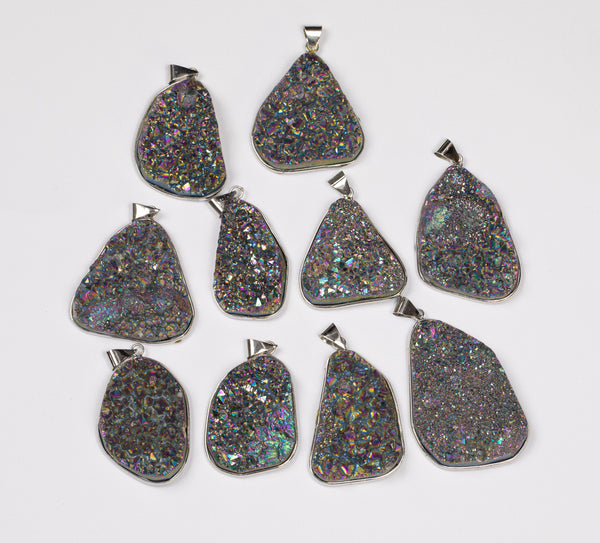 Natural Quartz Druzy Pendants Peacock Electroplated Silver Toned Bezel about 2 inches by 1 inch - sizes will vary