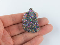 Natural Quartz Druzy Pendants Peacock Electroplated Silver Toned Bezel about 2 inches by 1 inch - sizes will vary