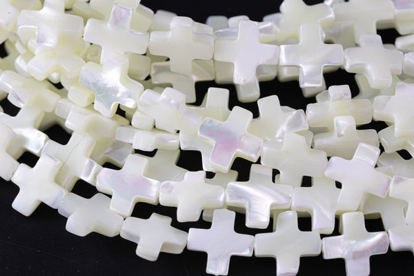 Iridescent White Mother of Pearl MOP Shell cross Beads- 8mm - 12mm- 5.5'' Strand Shell Beads