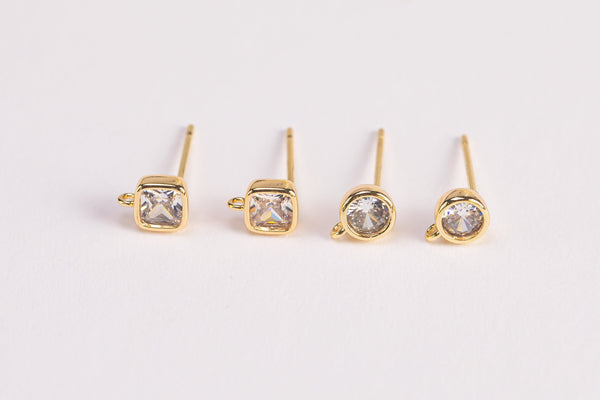 4pcs 18k Gold Plated Earring Stud Findings Square Circle CZ Simple Stud with Loop 5mm