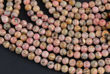 NATURAL Rhodochrosite Smooth round beads in full strands. 4mm, 6mm, 8mm, 10mm, 12mm, 14mm- 15 Inch strand- Natural No Dye