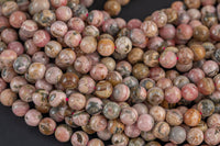 NATURAL Rhodochrosite Smooth round beads in full strands. 4mm, 6mm, 8mm, 10mm, 12mm, 14mm- 15 Inch strand- Natural No Dye