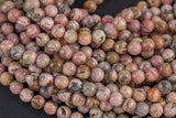 NATURAL Rhodochrosite Smooth round beads in full strands. 4mm, 6mm, 8mm, 10mm, 12mm, 14mm- 15 Inch strand- Natural No Dye