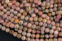 NATURAL Rhodochrosite Smooth round beads in full strands. 4mm, 6mm, 8mm, 10mm, 12mm, 14mm- 15 Inch strand- Natural No Dye