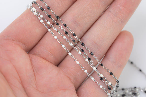 Enamel Satellite Chain Stainless Steel for Permanent Jewelry Black White 2mm Sold by the Yard