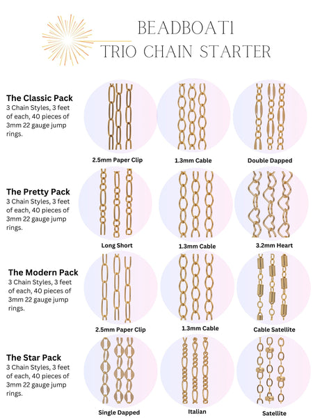 Permanent Jewelry Trio Chain Starter Pack, Gold Filled Chain By The Foot Sterling Silver Rose Paperclip Bar Cable Heart Dainty Sequin