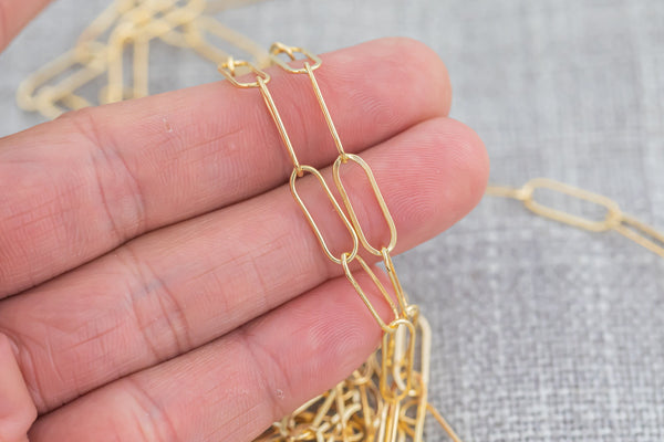 Gold Filled Tubed Chain, Elongated Oval Chain, 5 x 15 mm links, , Wholesale, USA Made, Chain by foot- Paper Clip Chain