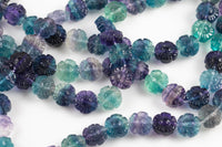 Natural Green Purple Fluorite Carved Daisy Sunflower Beads 12mm 3D Gemstone