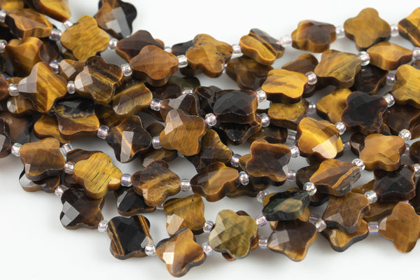 4 Four Leaf Clover Beads Natural Tiger Eye Carved Faceted Flower Gemstone 15.5" Strand