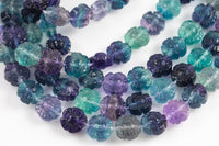 Natural Green Purple Fluorite Carved Daisy Sunflower Beads 12mm 3D Gemstone