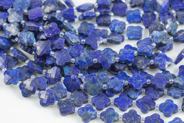 4 Four Leaf Clover Beads Natural Lapis Carved Faceted Flower Gemstone 15.5" Strand