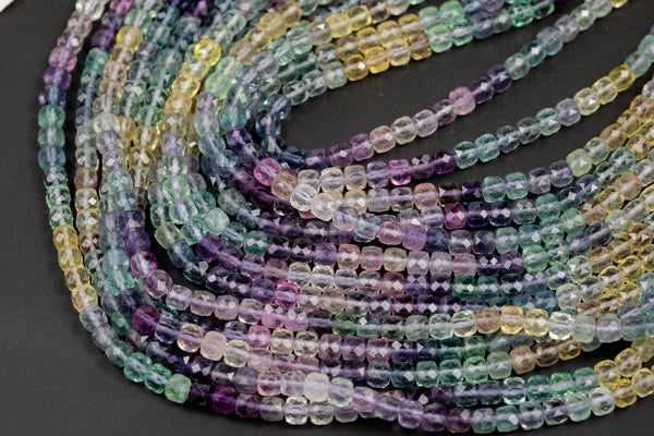 Natural Rainbow Fluorite Faceted Cube Beads Size 4mm 15.5" Strand