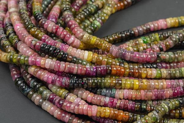 Natural Multicolor Tourmaline Heishi Rondelle Beads 4mm 5mm 6mm 7mm 8mm Watermelon Pink Green Gemstone 15.5" Strand