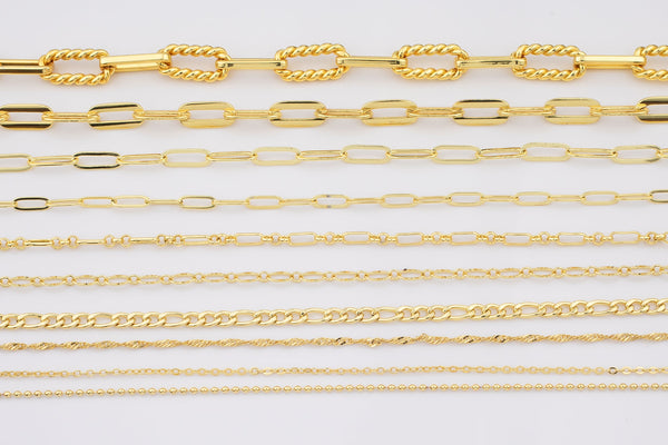 18k Gold Plated Chains Paperclip Singapore Ball Oval Figaro Italian Chain - Tarnish Resistant Popular Dainty - Sold by the yard