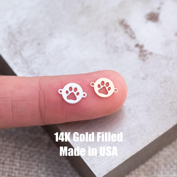 Set 2 x 14Kt Gold Filled or Sterling Silver Dog Paw Print Connectors - Dog Paw Link for Bracelet or Necklace - Permanent Jewelry Supply