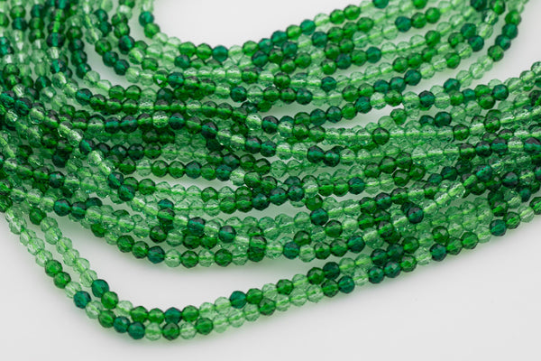 2mm or 3mm Crystal Round -2 or 5 or 10 STRANDS- Extra Fine-14 inches long about 100+ Beads - Multi Green