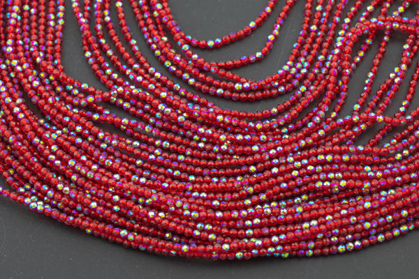 2mm or 3mm Crystal Round -2 or 5 or 10 STRANDS- Extra Fine-14 inches long about 100+ Beads - Red AB