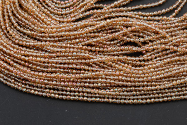 2mm or 3mm Crystal Round -2 or 5 or 10 STRANDS- Extra Fine-14 inches long about 100+ Beads - Mystic Champagne