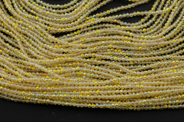 2mm or 3mm Crystal Round -2 or 5 or 10 STRANDS- Extra Fine-14 inches long about 100+ Beads - Canary Yellow AB