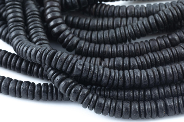 Black Coconut Wood Heishi Roundel Shaped Beads - Sold by 15.5" Strands Gemstone Beads