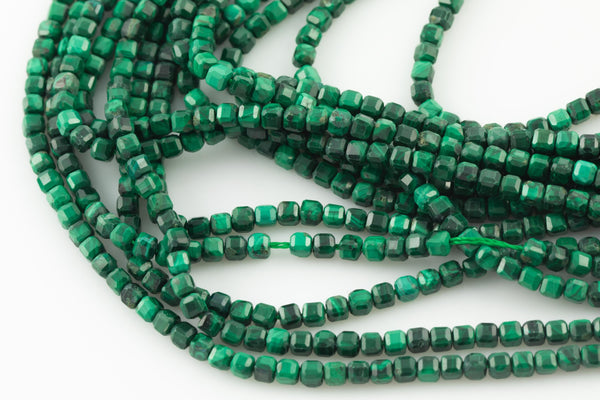 Natural Malachite Faceted Cube Beads Size 3mm 15.5" Strand
