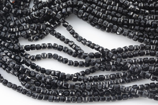 Natural Black Tourmaline Faceted Cube Beads Size 3mm 15.5" Strand
