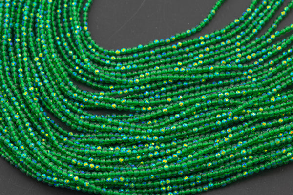 2mm or 3mm Crystal Round -2 or 5 or 10 STRANDS- Extra Fine-14 inches long about 100+ Beads - Green AB