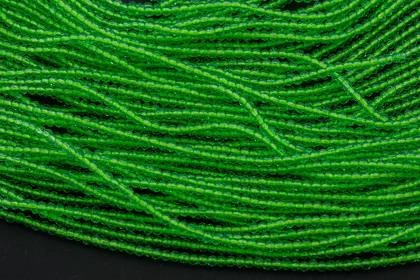 2mm or 3mm Crystal Round -2 or 5 or 10 STRANDS- Extra Fine-14 inches long about 100+ Beads - Lime Green