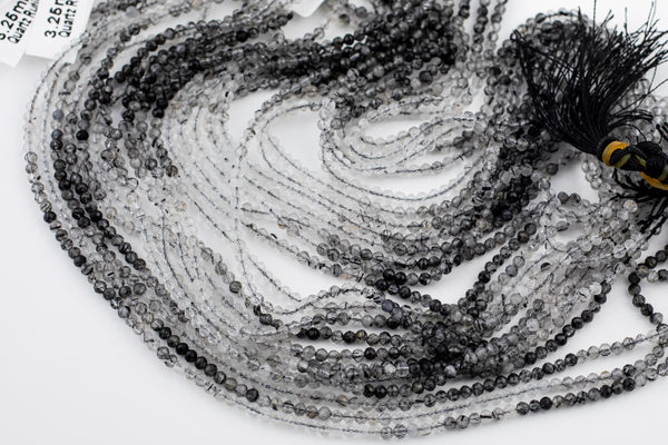 Tourmalated Shaded Quartz Beads Full Strands-15.5 inches-3.5m- Nice Size Hole- Diamond Cutting, High Facets-Nice and Sparkly-Faceted Round