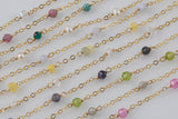 Gold filled Gemstone Cable Satellite Chain Permanent Jewelry and gemstones- 16mm spacing 2-4mm stone Chain Made in House- 7 inches per order