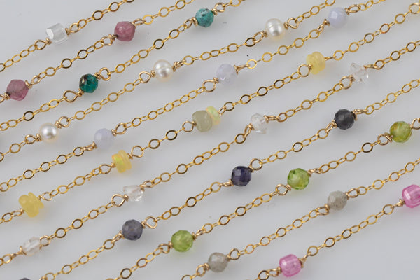 Gold filled Gemstone Cable Satellite Chain Permanent Jewelry and gemstones- 16mm spacing 2-4mm stone Chain Made in House- 7 inches per order