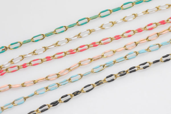 Stainless Steel Elongate Oval Enamel Chain by Yard, PVD Stainless Plating Wholesale bulk Roll Chain Jewelry