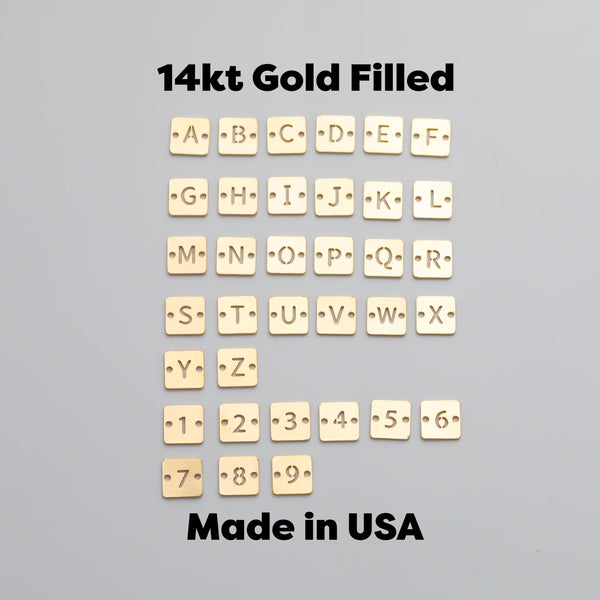 Square Letter Connectors 14K Gold Filled Made in USA - 6mm Alphabet Number Connector for Bracelet - Initial Charm Permanent Jewelry Supplies