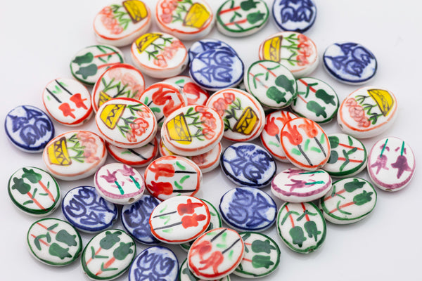 Mixed 10pcs Ceramic Flowers Beads Double-Sided Hand Painted,Flowers Bead,Colorful Flowers Beads for DIY Jewelry Making Supply,Random Colors