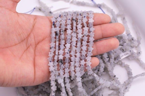 Natural Tourmalinated Quartz Beads 6mm Star Shaped Real Gemstone 15" Strand Smooth Gemstone Beads