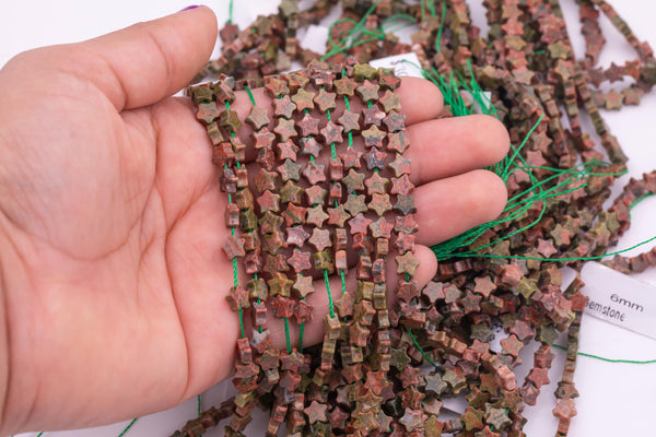 Natural Unakite 6mm Star Shaped Real Gemstone 15" Strand Smooth Gemstone Beads