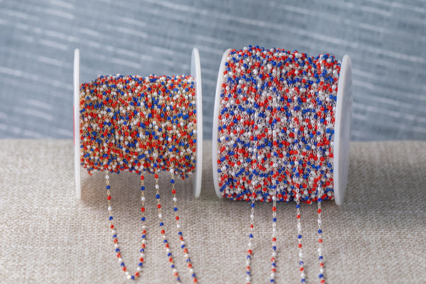 Red White Blue- 1.5mm Gold-filled Or Sterling Silver Multi Color Tight Spacing Enamel Chain by the foot or 50 feet-- Permanent Jewelry Chain