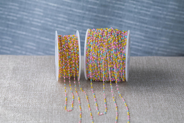 Pastel Multi- 1.5mm Gold-filled Or Sterling Silver Multi Color Close Spacing Enamel Chain by the foot or 50 feet-- Permanent Jewelry Chain