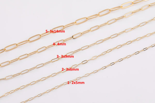 May include: Five gold-colored chain necklaces of varying sizes are displayed against a white background. The chains have oval-shaped links. The sizes are labeled: 1-2x5mm, 2-3x6mm, 3-3x9mm, 4-4mm, and 5-5x14mm, indicating the dimensions of the links.
