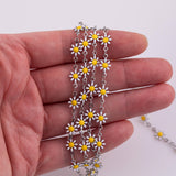 Stainless Steel Flower Daisy Chain - Enamel Solid Stainless Steel Chain Tarnish Resistant - Sold by the yard - Permanent Jewelry Supplies